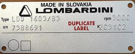 Образец шильдика двигателя LOMBARDINI