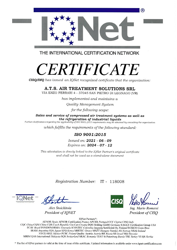 Сертификат IQNet ISO 9001:2015 ATS